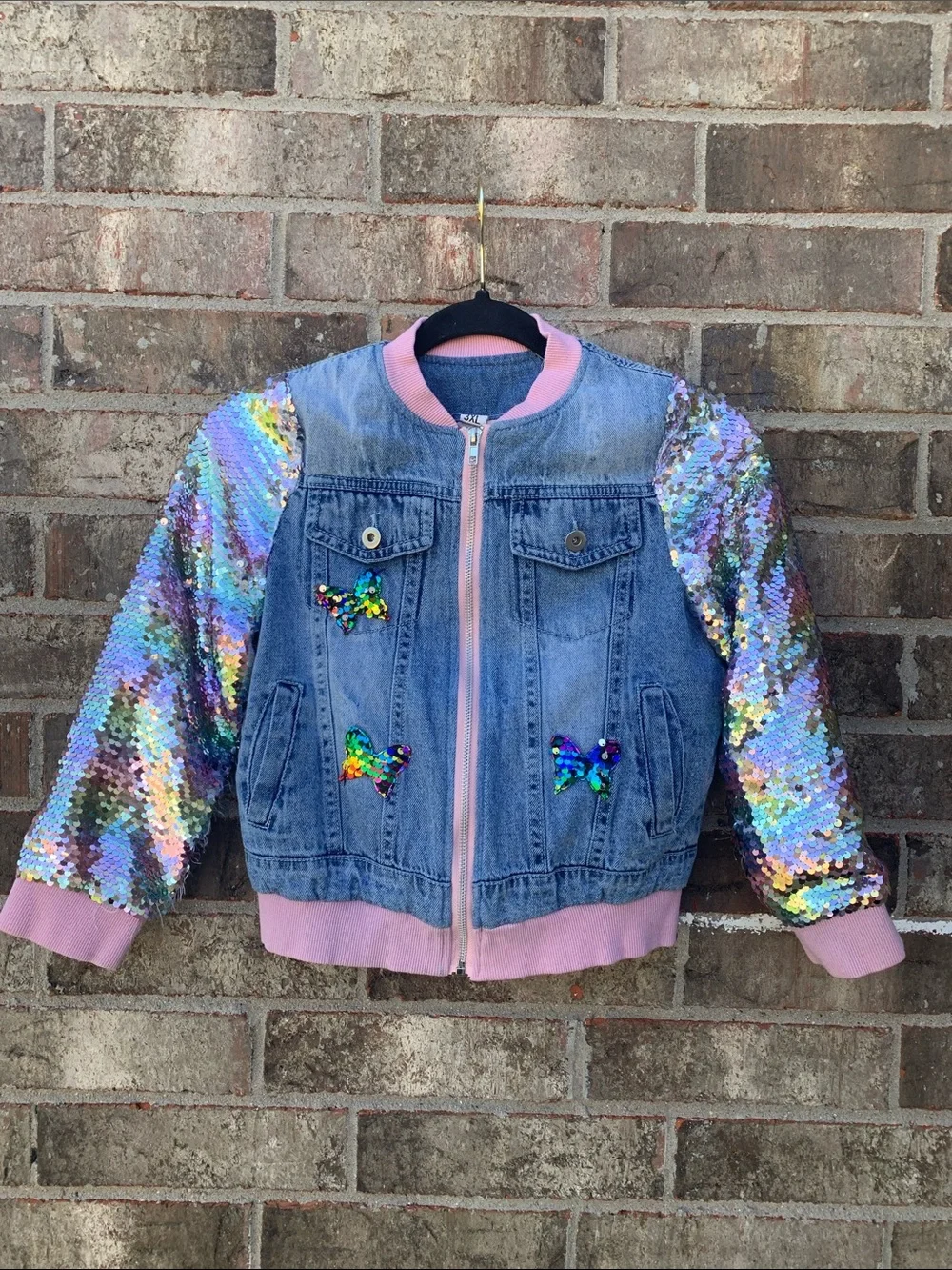 Take 50% OFF- Sequin-Sleeve Denim Bomber Jacket with Butterfly Accents, Sz-3XL